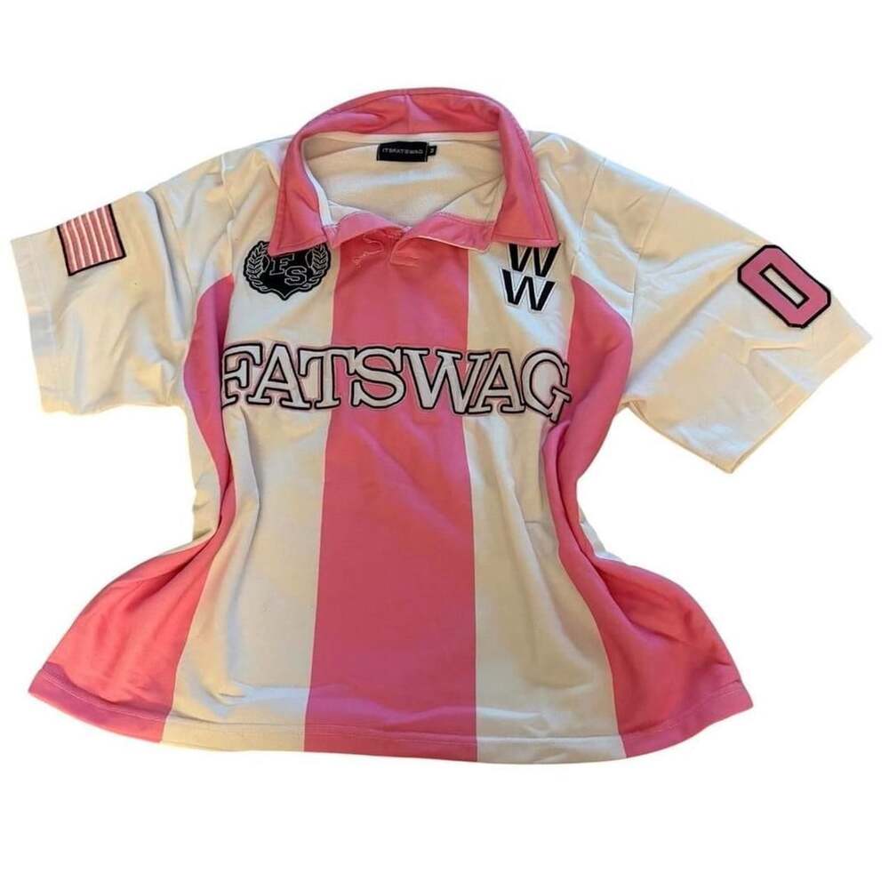 Fatswag Pink and White Striped Collared Streetwear Jersey Medium